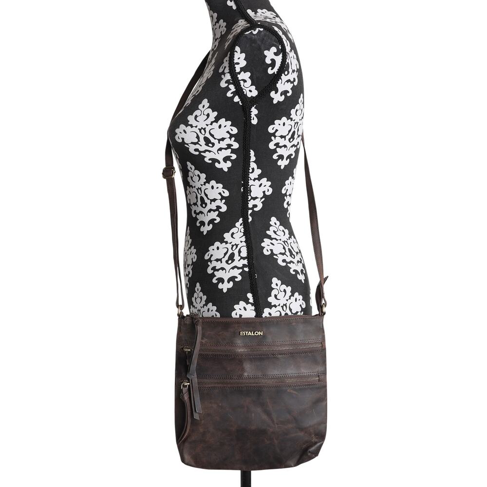 Women's Brown Leather Estalon Crossbody Purse - 11H x 10.5W x 1D